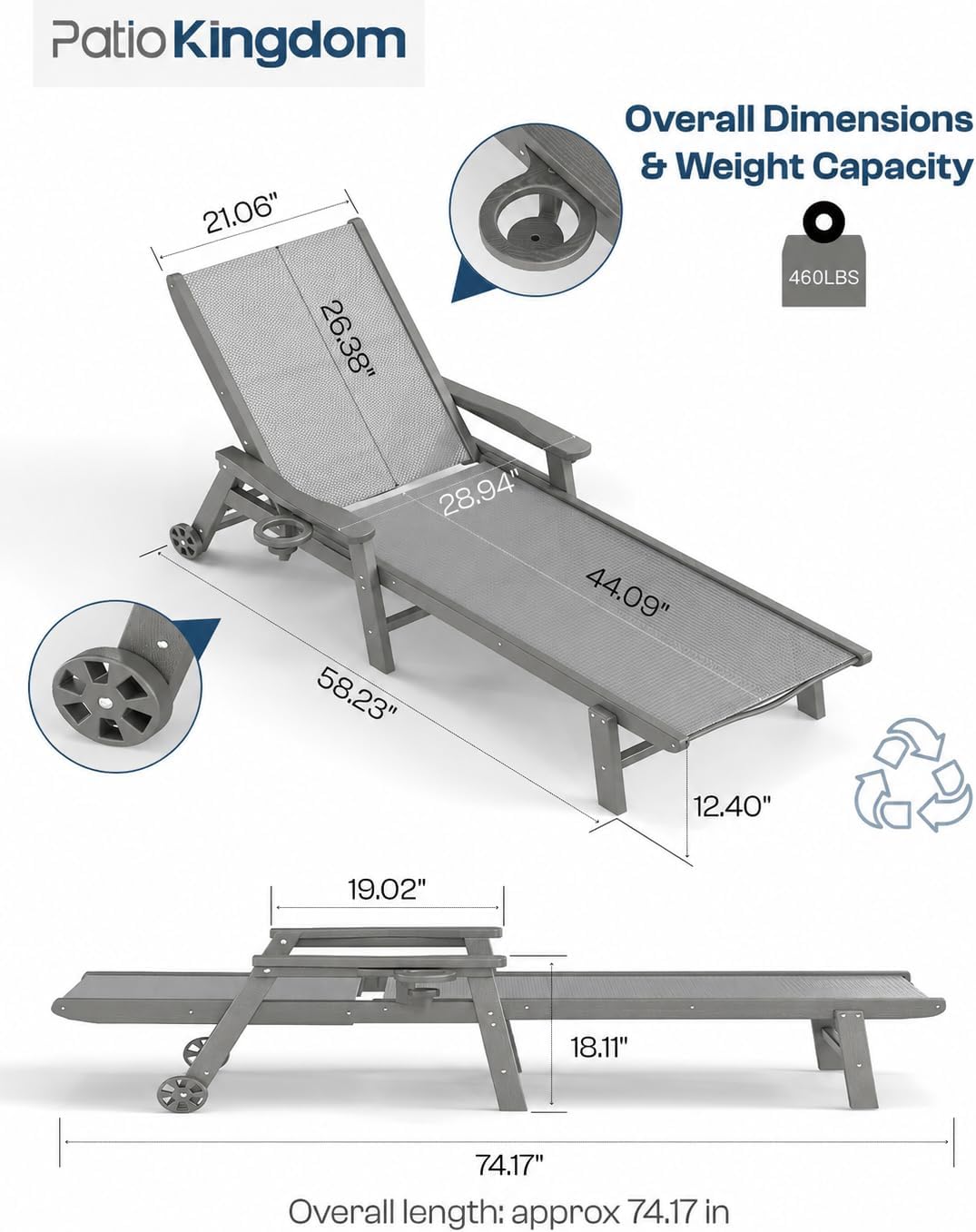2 Pack Grey HDPE Outdoor Chaise Lounge