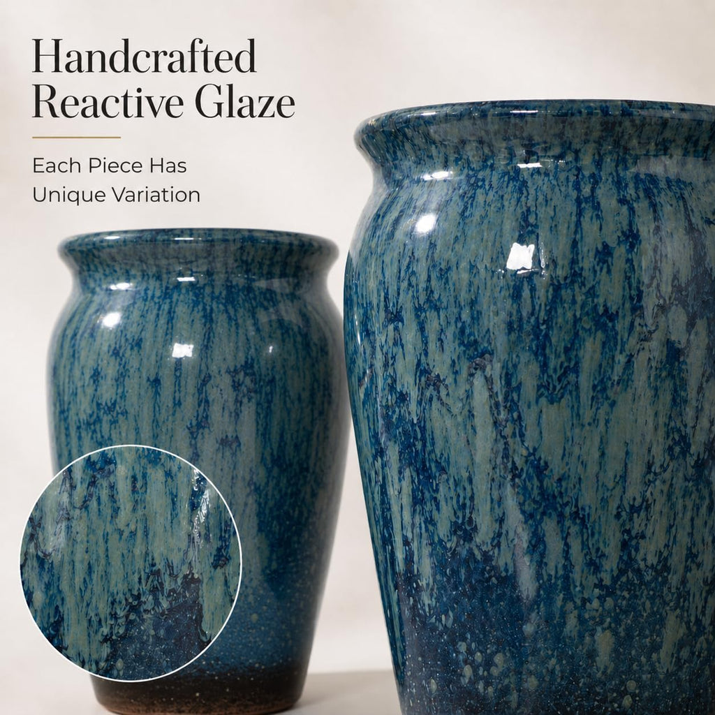 Set of 2 8 Inch Blue Ceramic Plant Pots