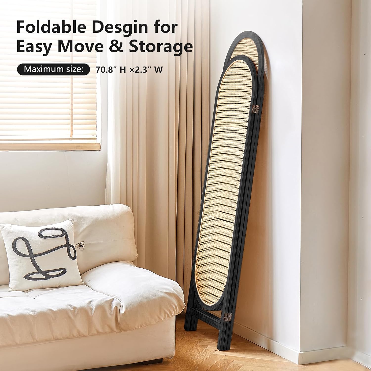 3 Panel Black Hand-Woven Rattan Room Divider
