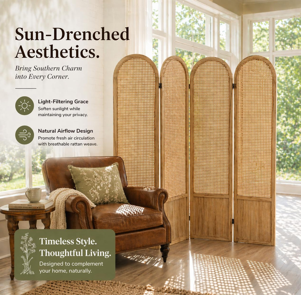 4 Panel Natural Rattan Room Divider