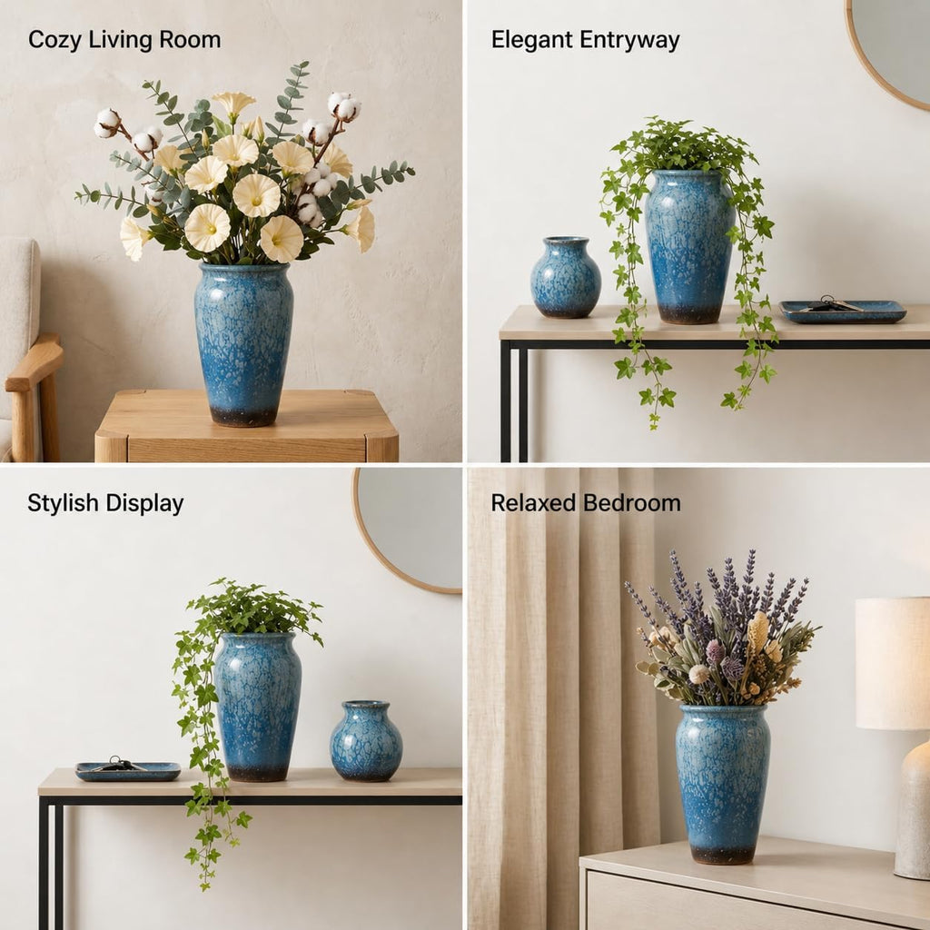 Set of 2 8 Inch Blue Ceramic Plant Pots
