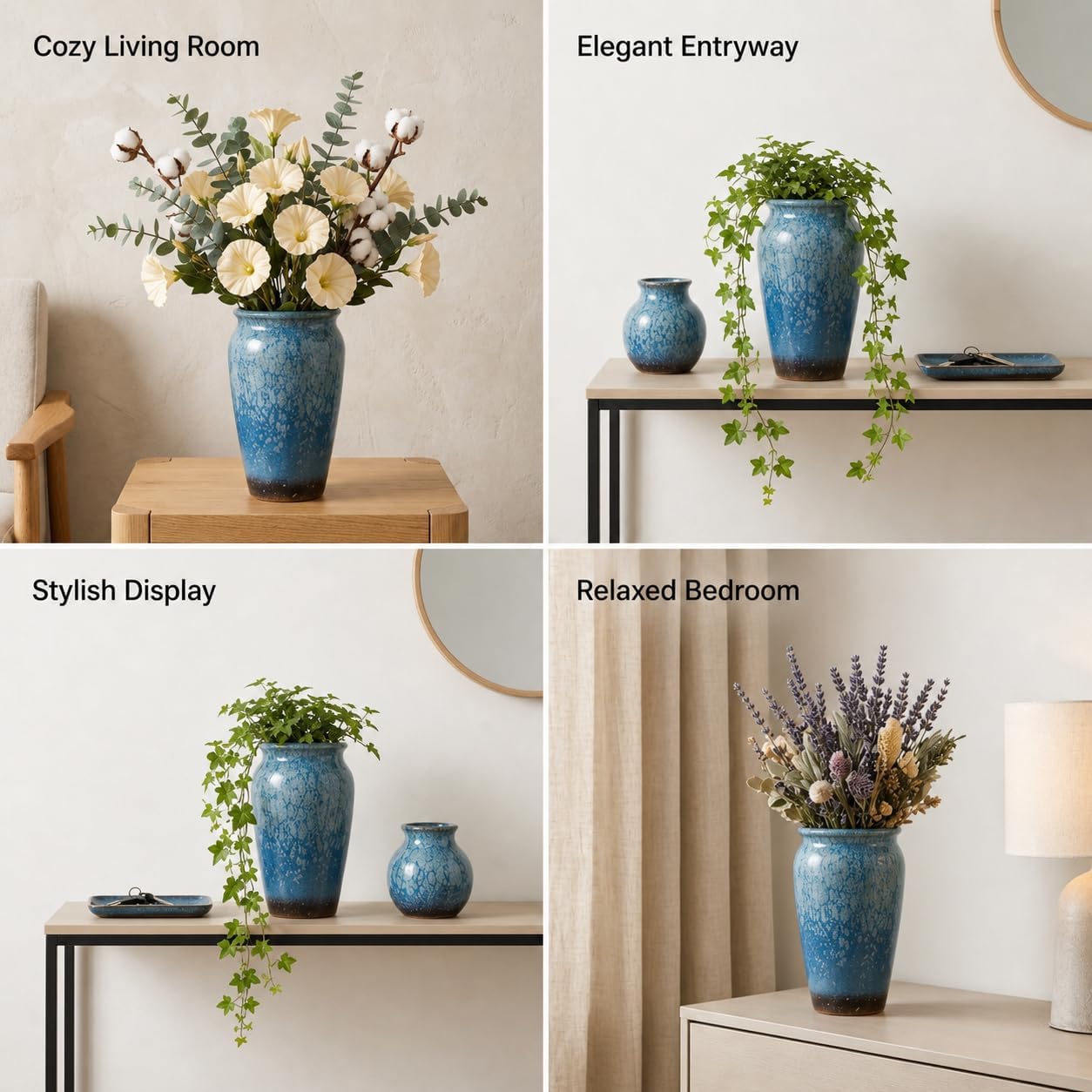 Set of 2 8 Inch Blue Ceramic Plant Pots