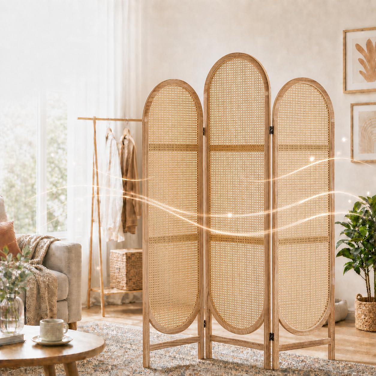 3 Panel Arched Rattan Room Divider