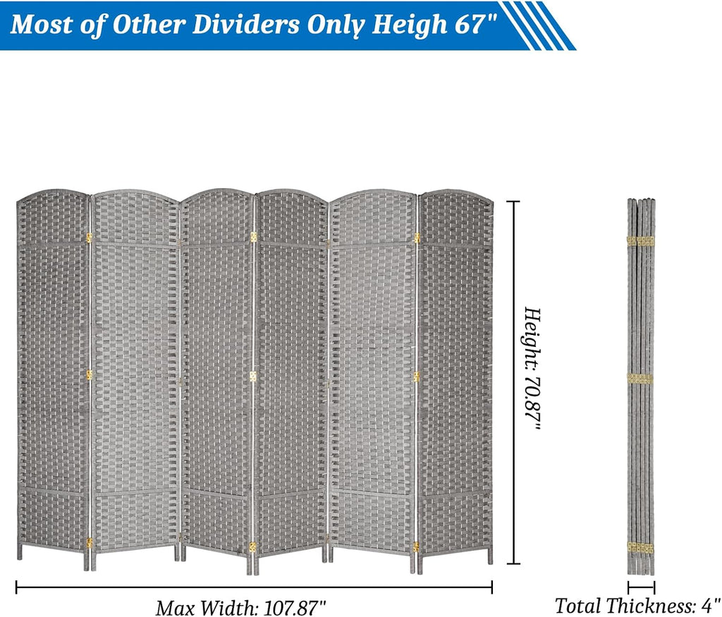 6-Panels Grey Tall Rattan Room Divider