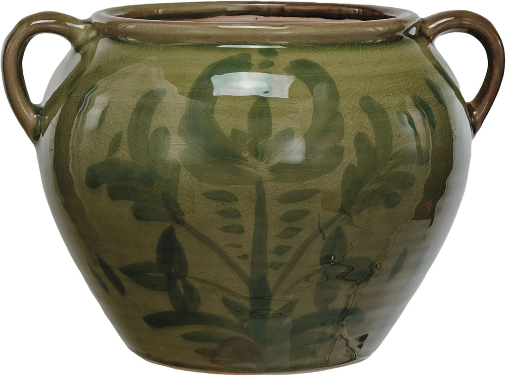 Hand-Painted Green Terra-Cotta Urn