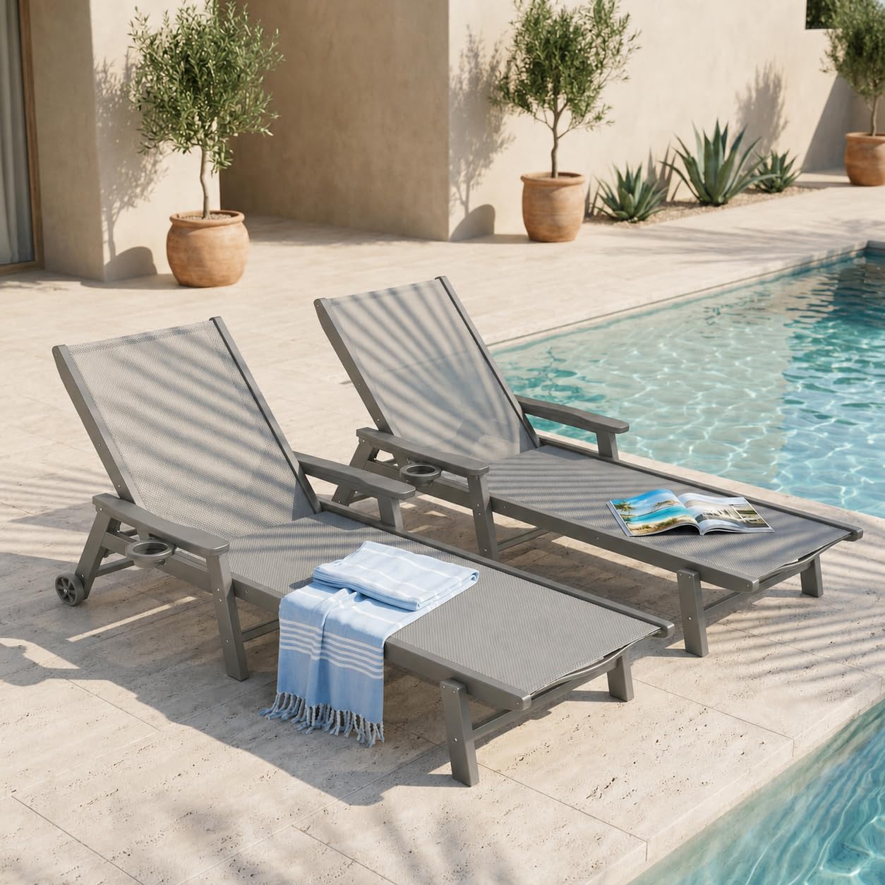 2 Pack Grey HDPE Outdoor Chaise Lounge