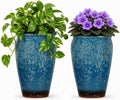 Set of 2 8 Inch Blue Ceramic Plant Pots