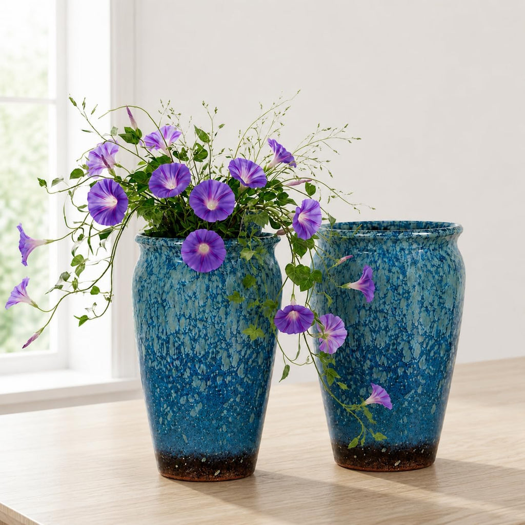 Set of 2 8 Inch Blue Ceramic Plant Pots
