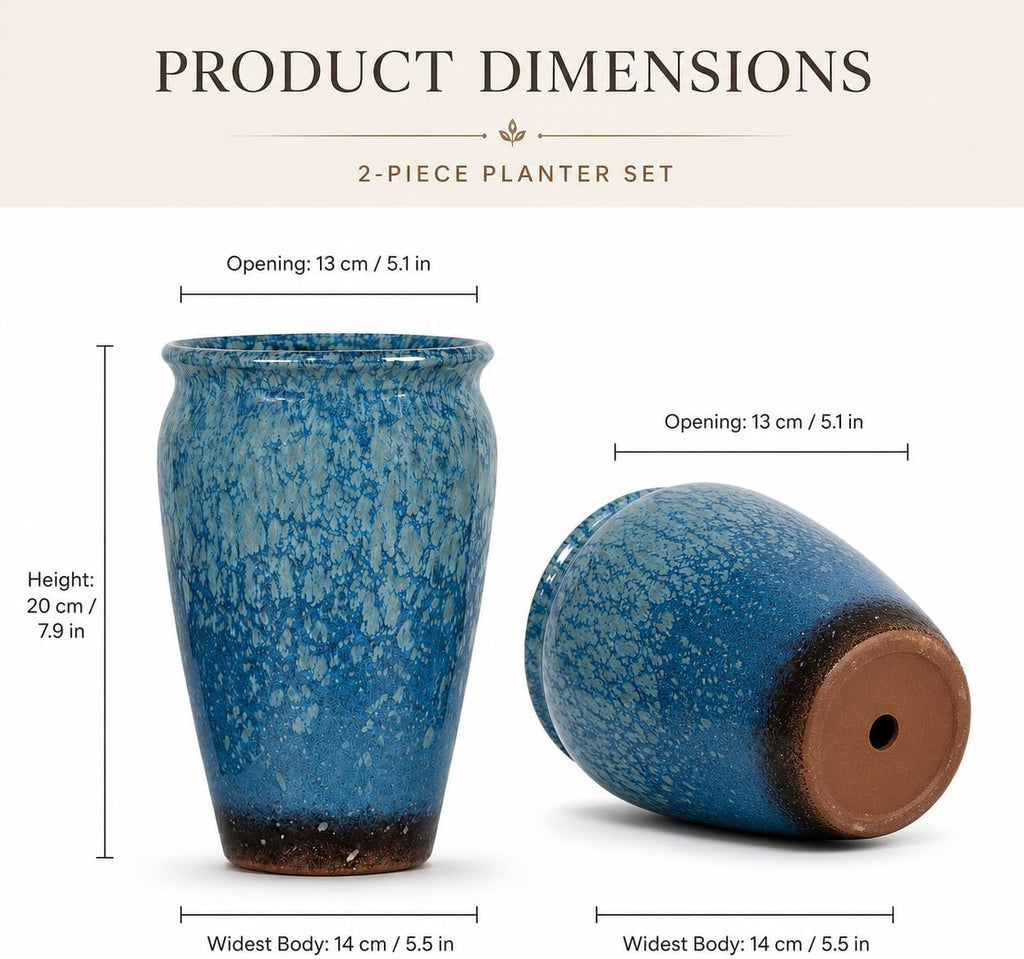 Set of 2 8 Inch Blue Ceramic Plant Pots
