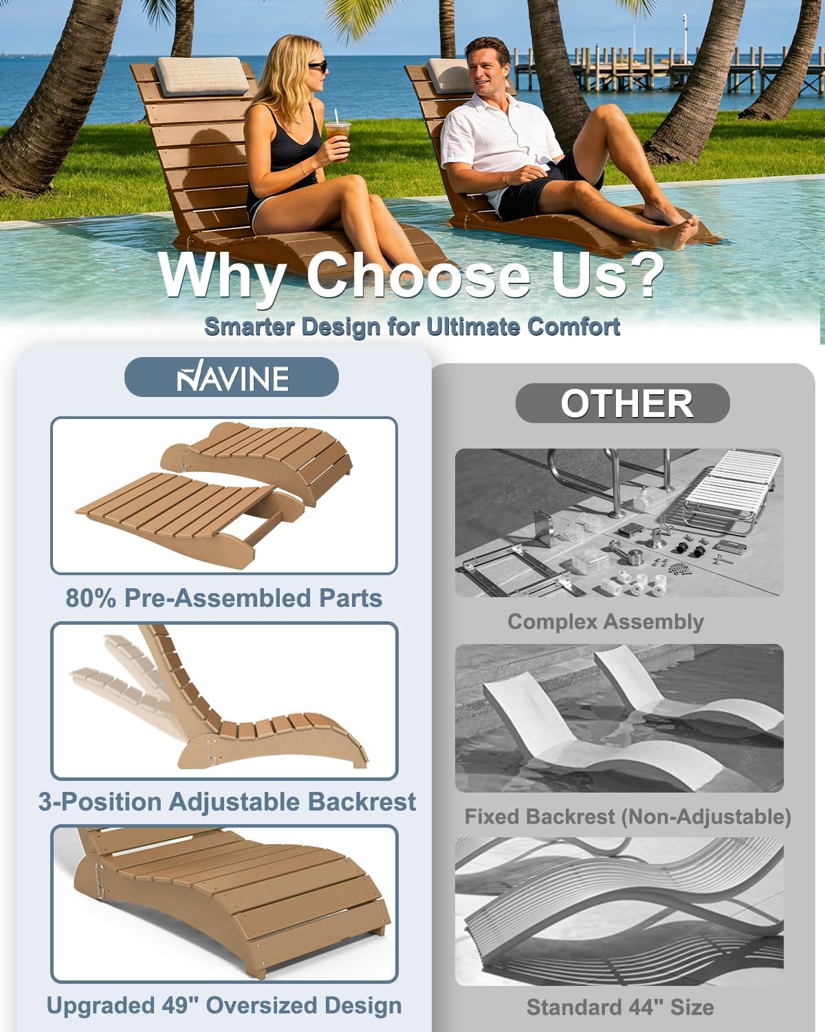 2 Pack Teak HDPE Pool Lounge Chairs