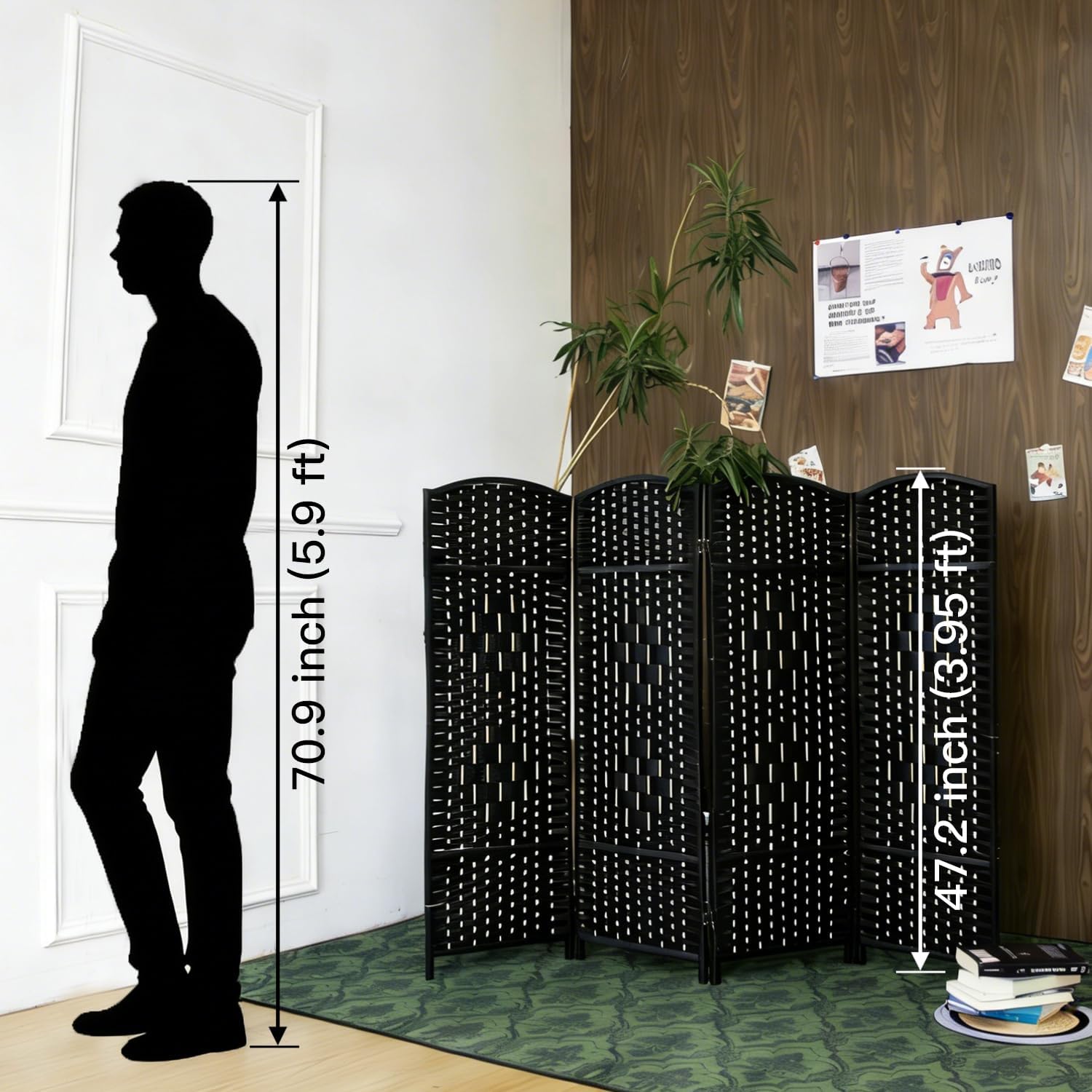 4 Panel Low Black Rattan Room Divider