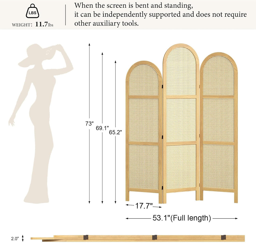 3-Panel Natural-Wave Rattan Room Divider