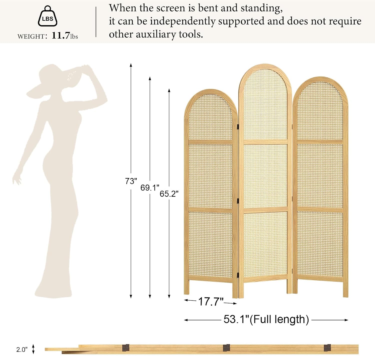3-Panel Natural-Wave Rattan Room Divider