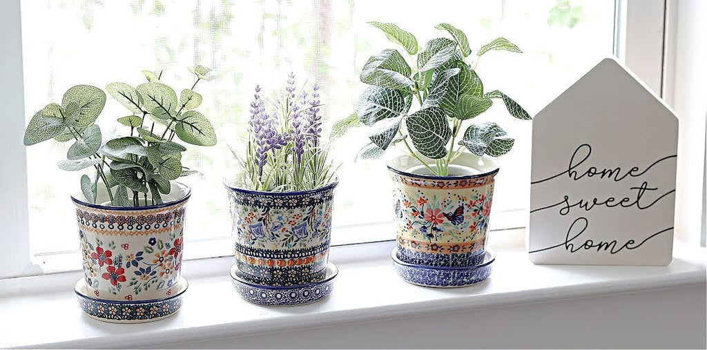 Blue Rose Green Periwinkle Ceramic Flower Pot