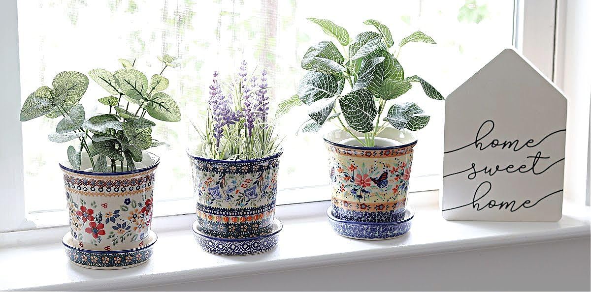 Blue Rose Green Periwinkle Ceramic Flower Pot