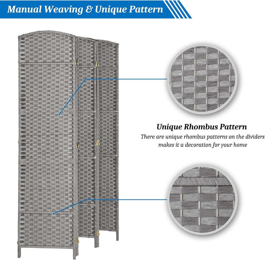 6-Panels Grey Tall Rattan Room Divider