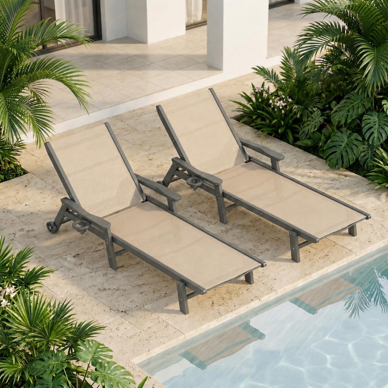 2 Pack Khaki HDPE Outdoor Lounge Chairs