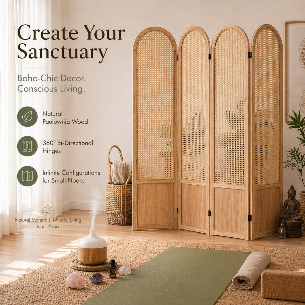 4 Panel Natural Rattan Room Divider