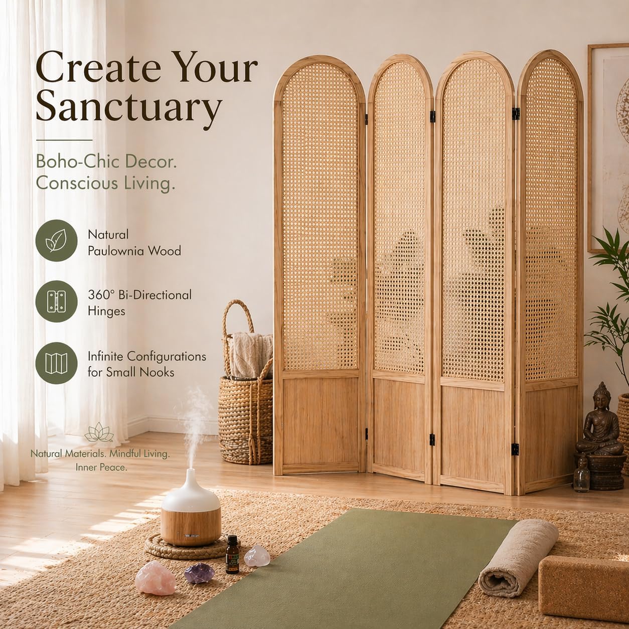 4 Panel Natural Rattan Room Divider