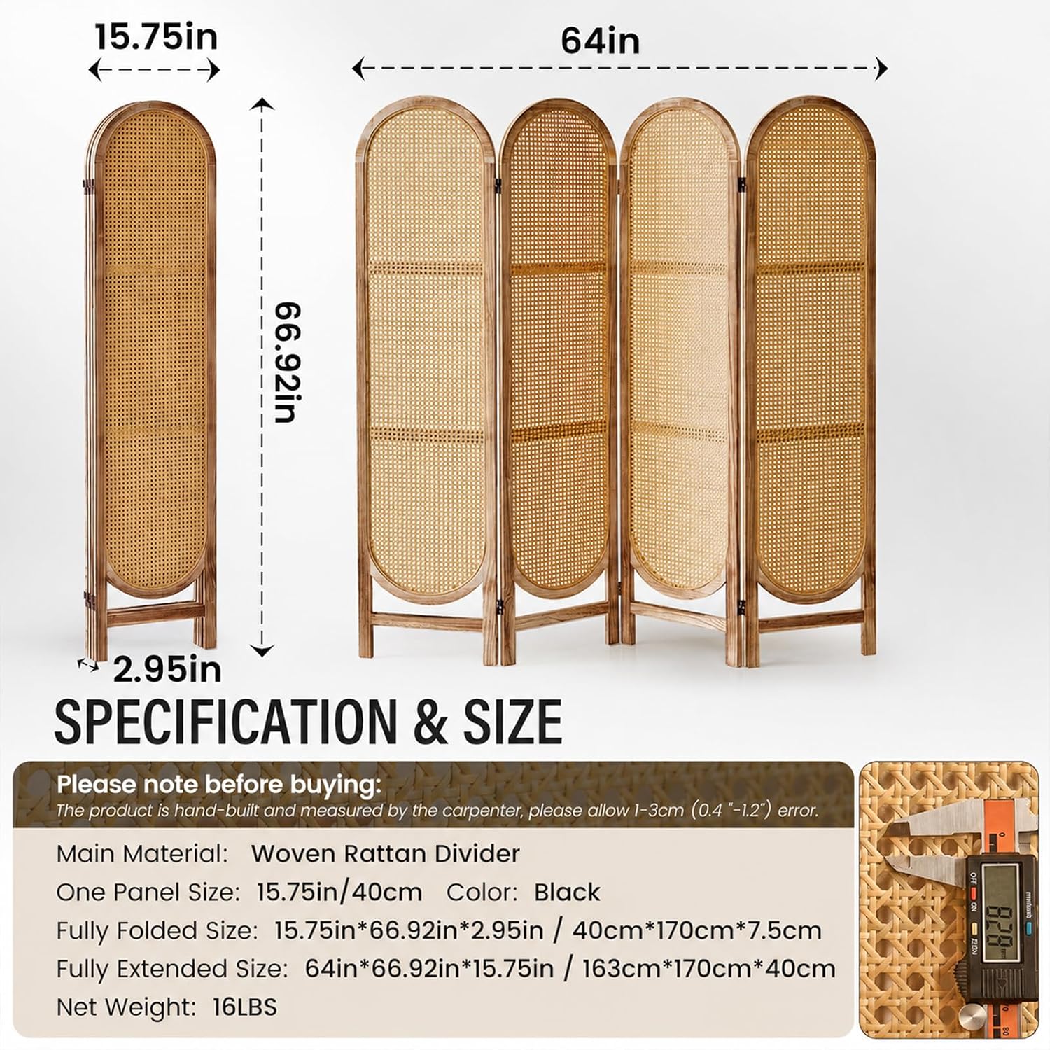 4 Panel Natural Arched Rattan Room Divider