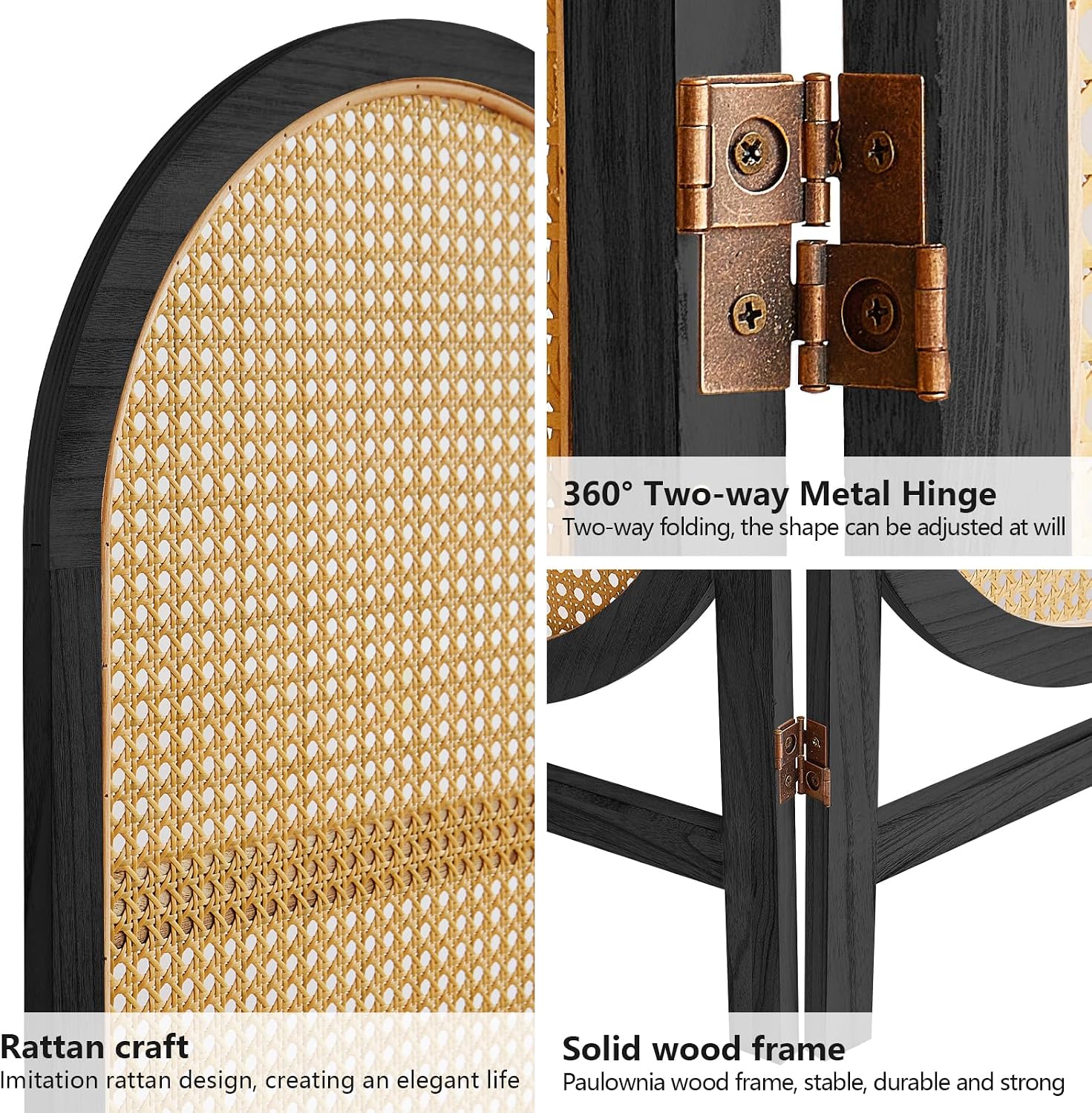 3 Panel Black Hand-Woven Rattan Room Divider