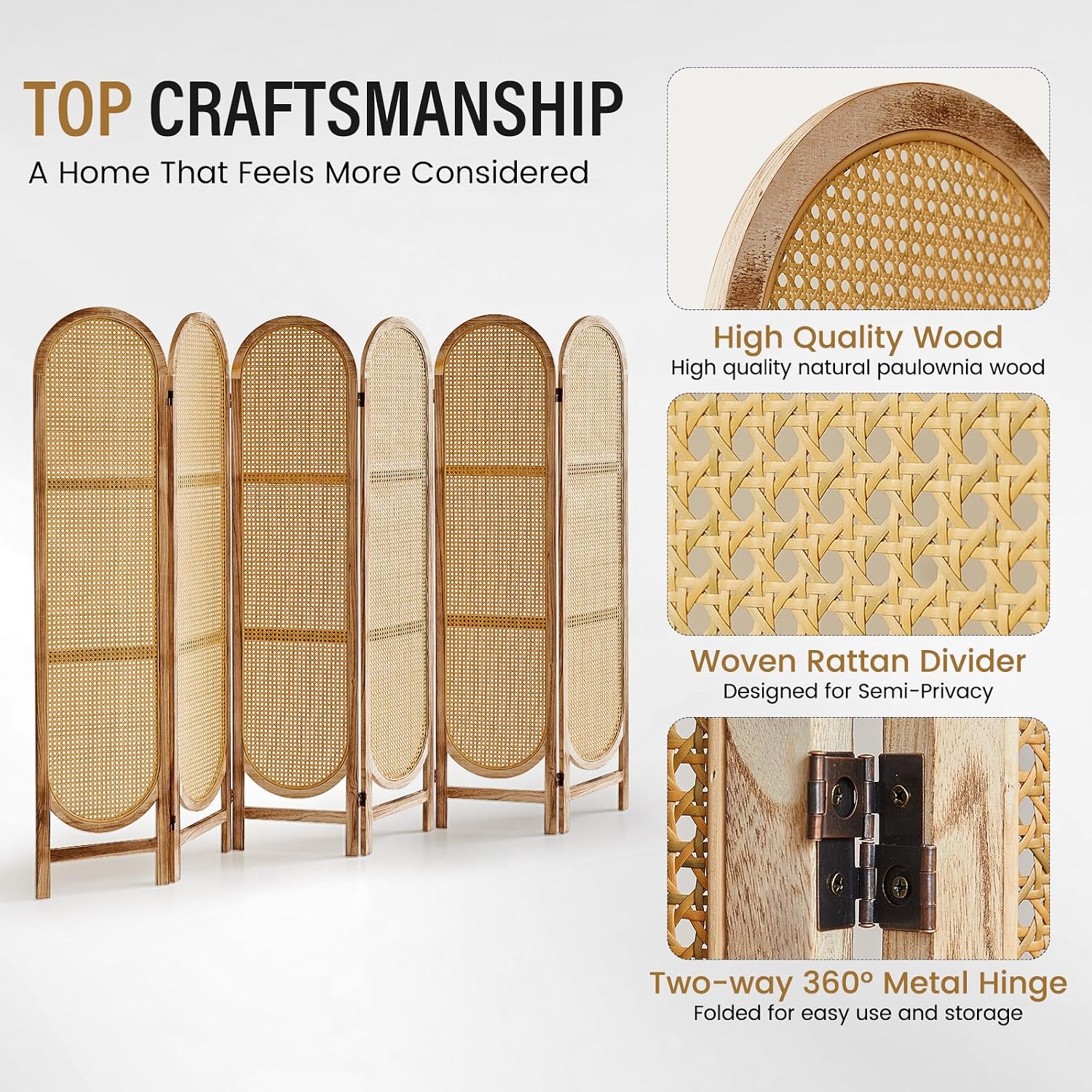 6 Panel Natural Arched Rattan Room Divider