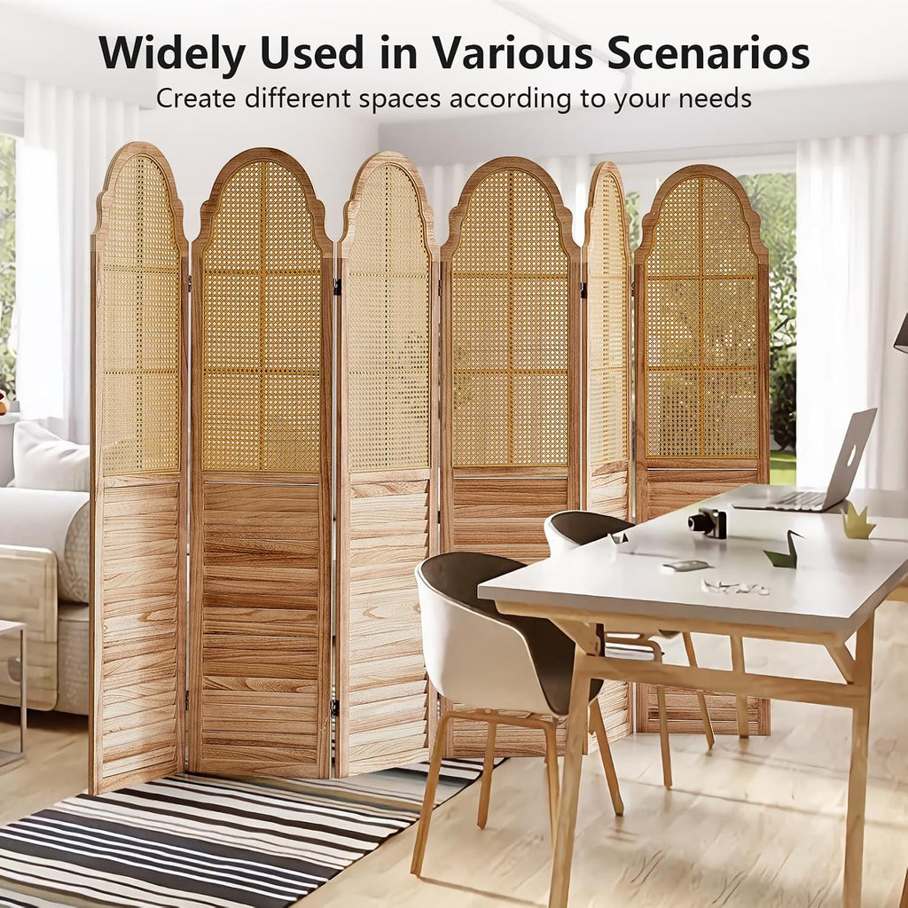 6 Panels Natural Rustic Rattan Room Divider