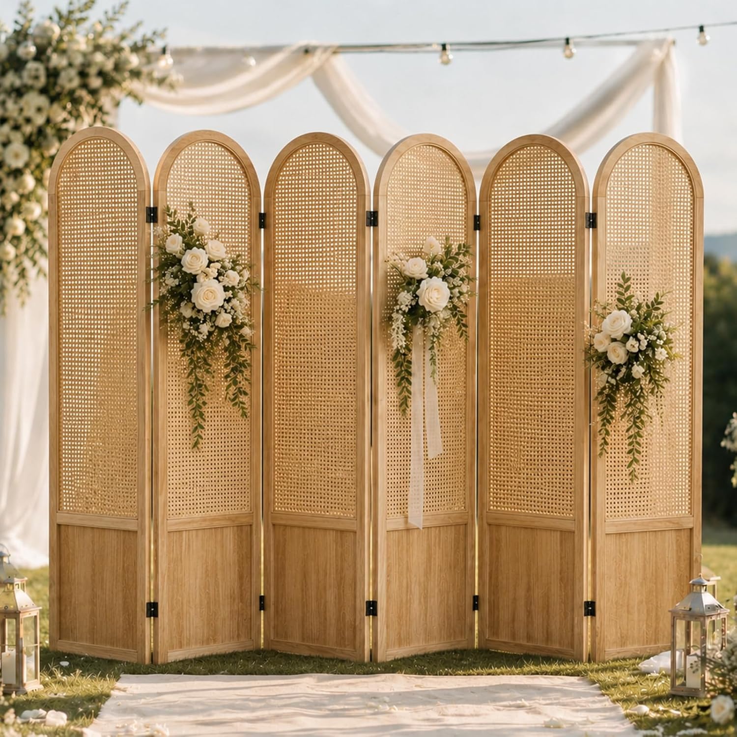6 Panel Natural Hand-Woven Rattan Room Divider