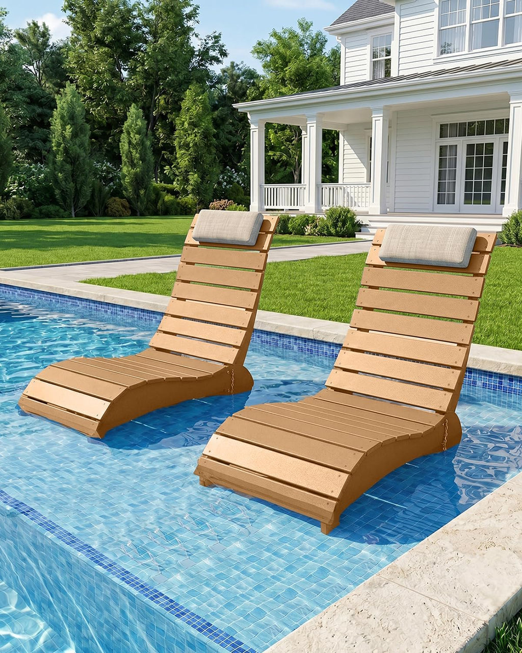 2 Pack Teak HDPE Pool Lounge Chairs