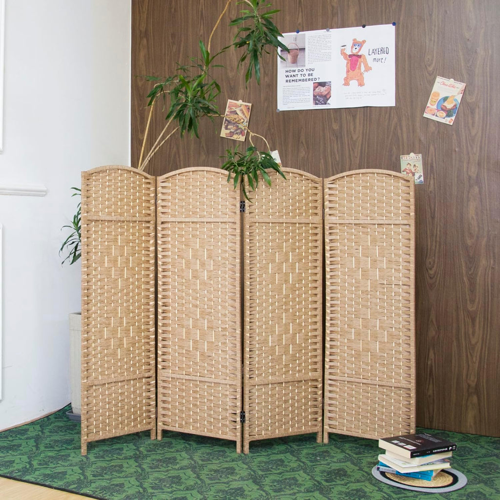 4-Panel Light Brown Rattan Folding Room Divider