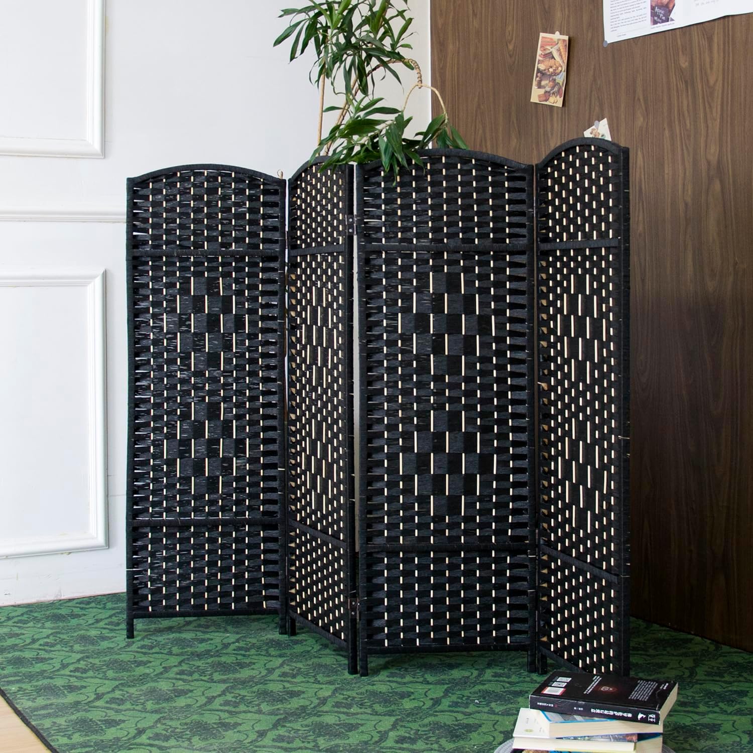 4 Panel Low Black Rattan Room Divider