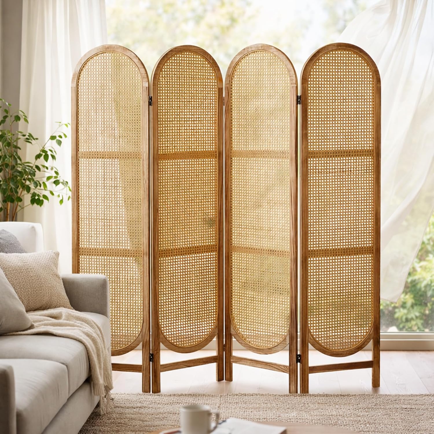 4 Panel Natural Arched Rattan Room Divider