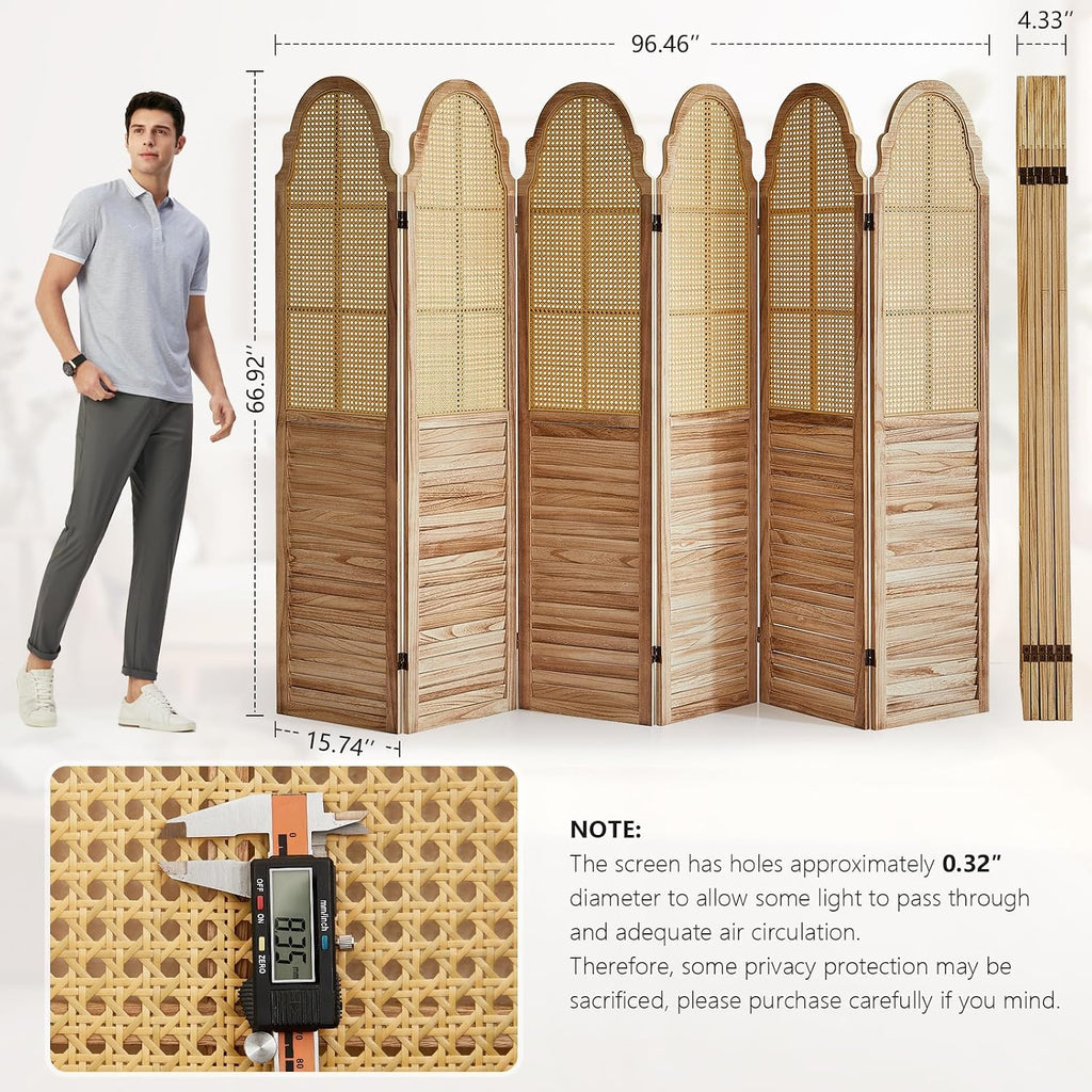 6 Panels Natural Rustic Rattan Room Divider