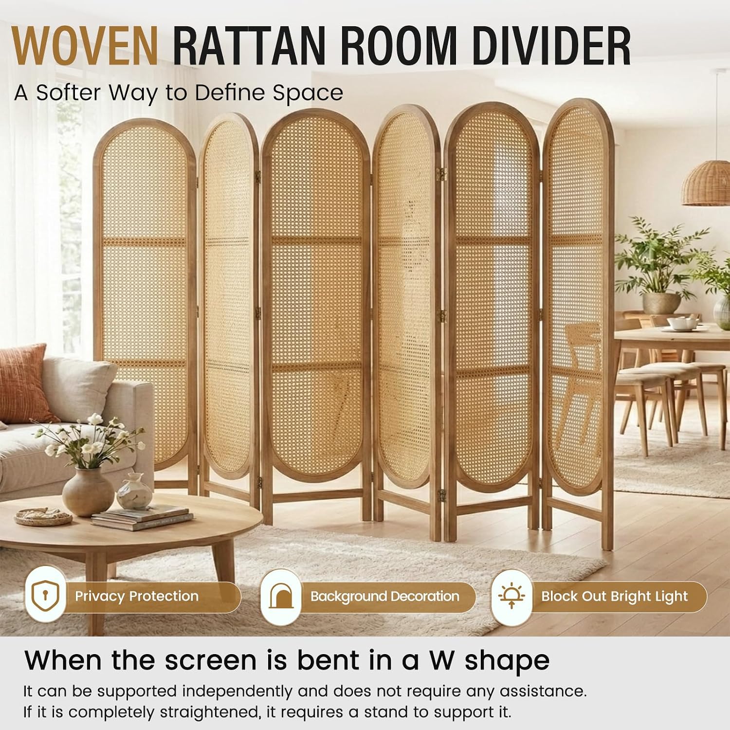 6 Panel Natural Arched Rattan Room Divider