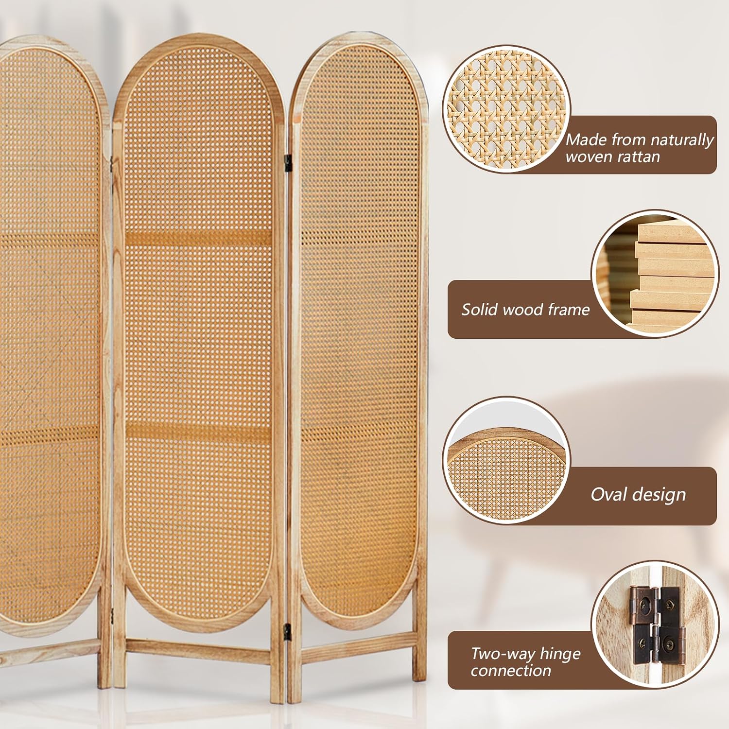 6 Panels Light Brown Rattan Wood Room Divider