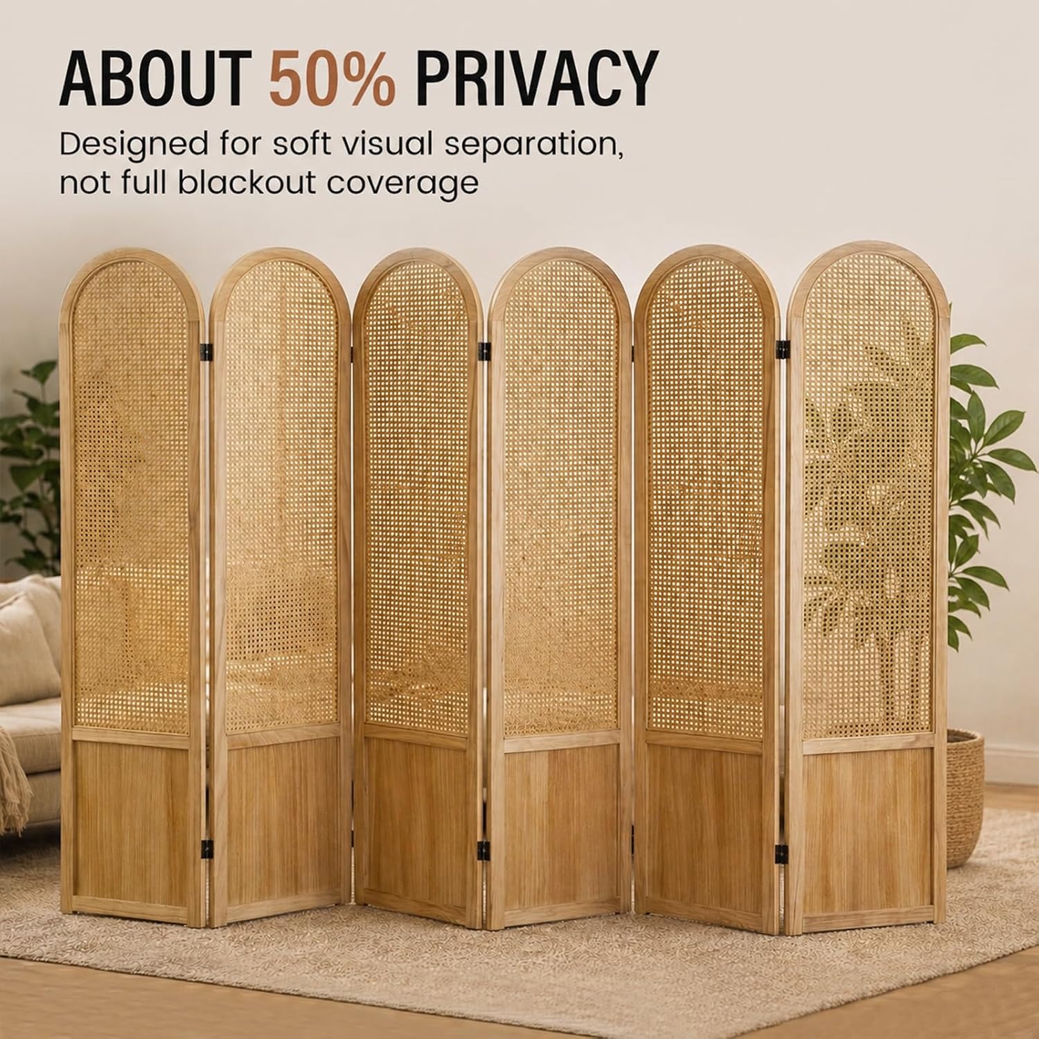 6 Panel Natural Hand-Woven Rattan Room Divider