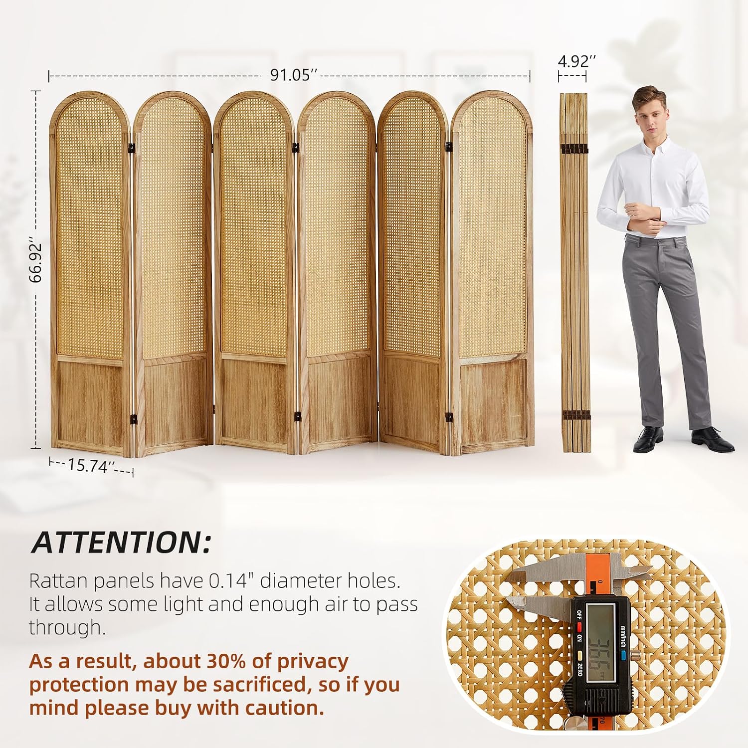 6 Panel Natural Hand-Woven Rattan Room Divider