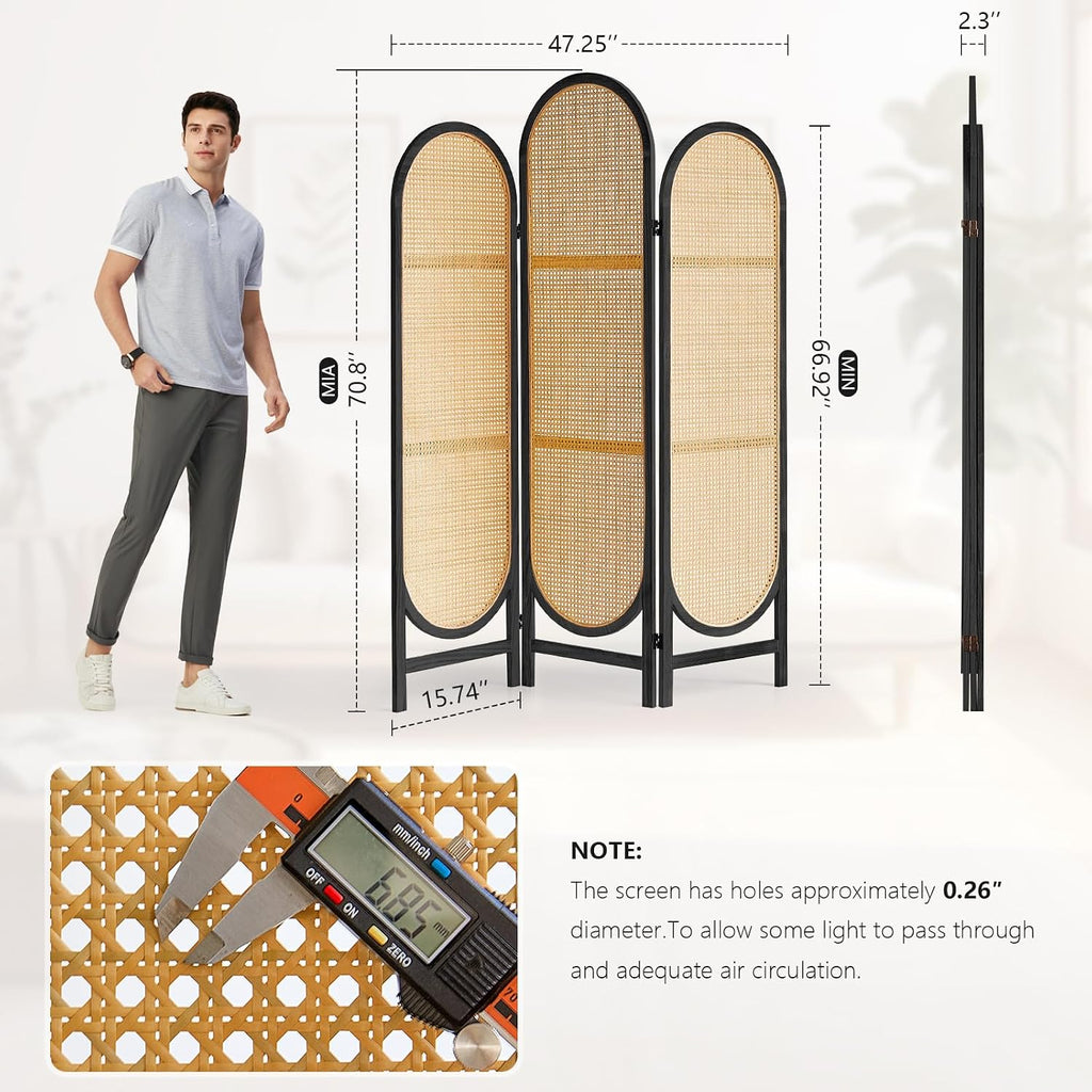 3 Panel Black Hand-Woven Rattan Room Divider