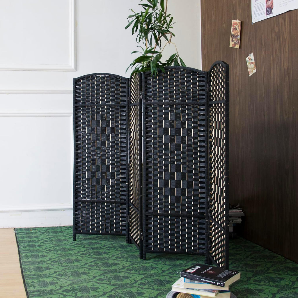 4 Panel Low Black Rattan Room Divider