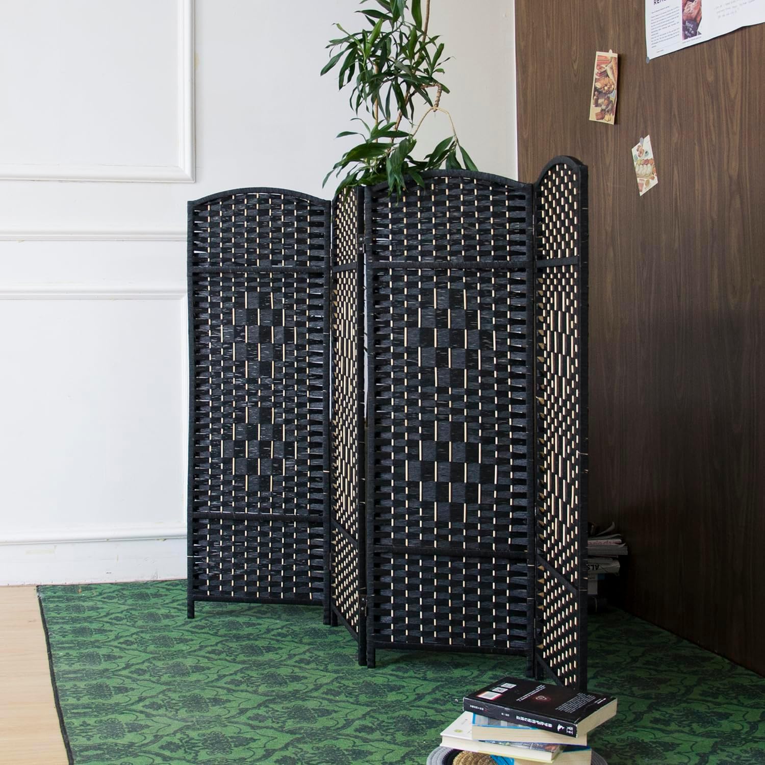 4 Panel Low Black Rattan Room Divider