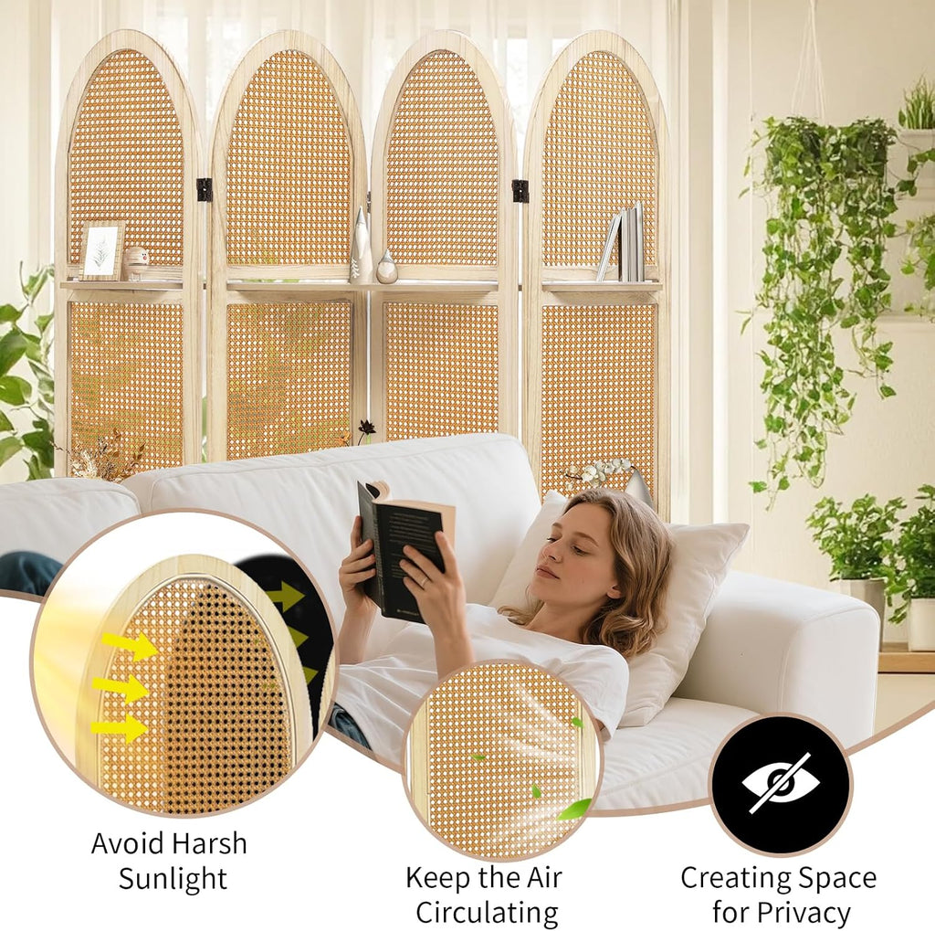 Natural Rattan Room Divider With 3 Display Shelves