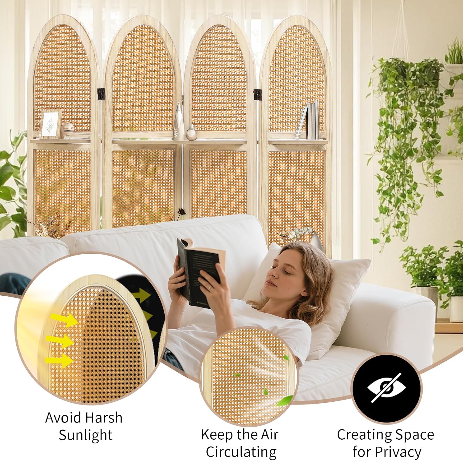 Natural Rattan Room Divider With 3 Display Shelves