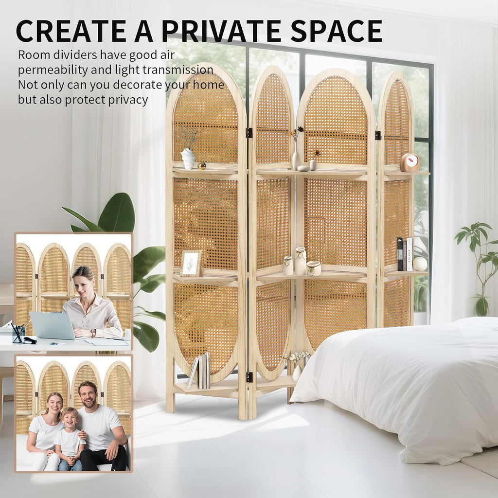 Natural Rattan Room Divider With 3 Display Shelves
