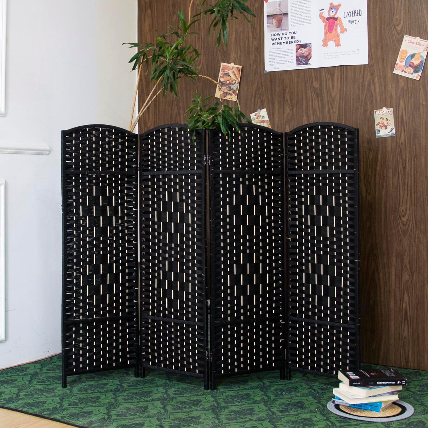 4 Panel Low Black Rattan Room Divider