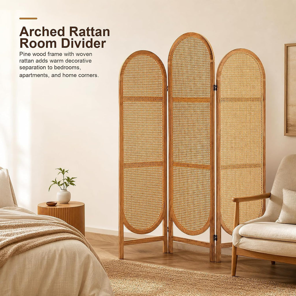 3 Panel Arched Rattan Room Divider