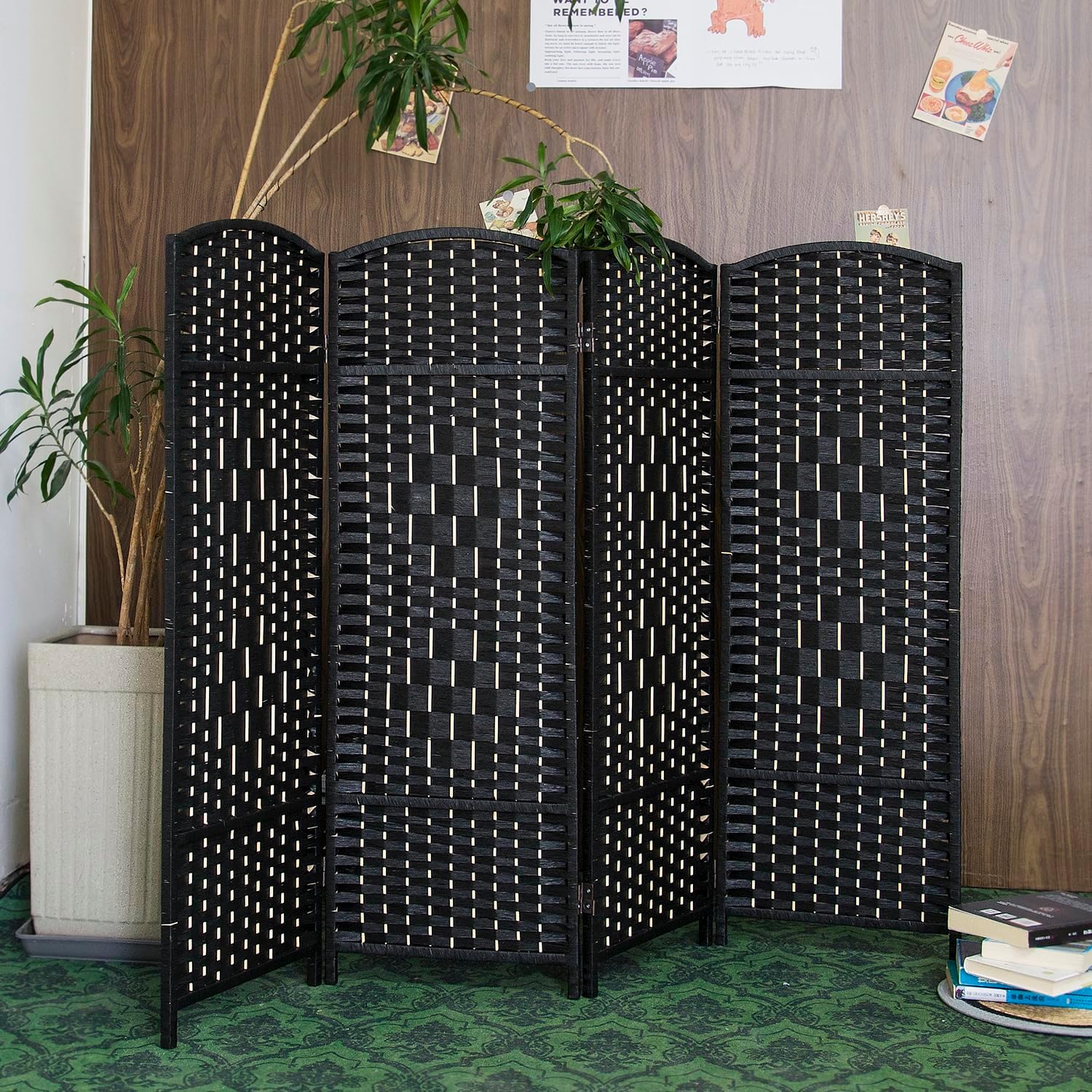4 Panel Low Black Rattan Room Divider
