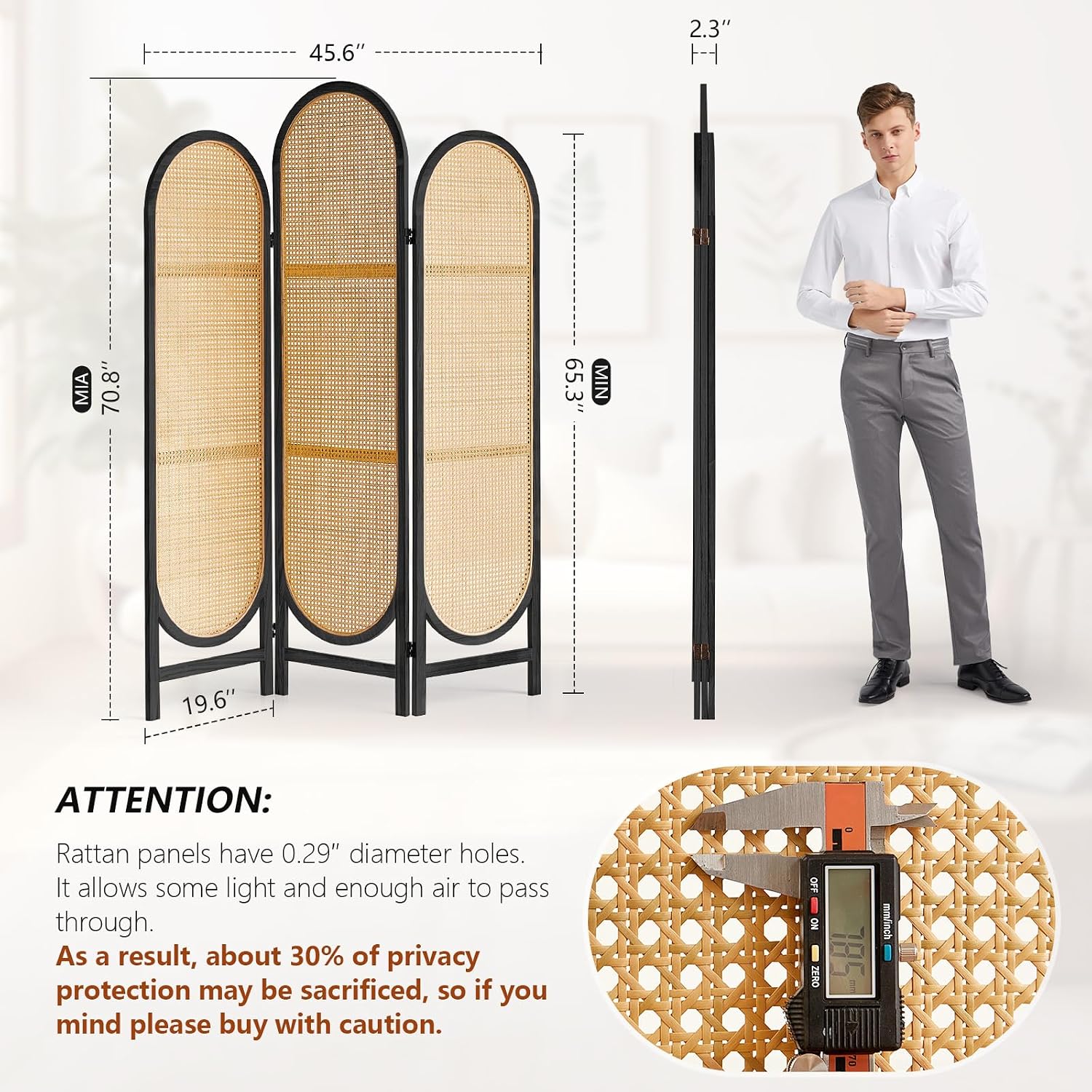 3 Panels Black Hand-Woven Rattan Room Divider