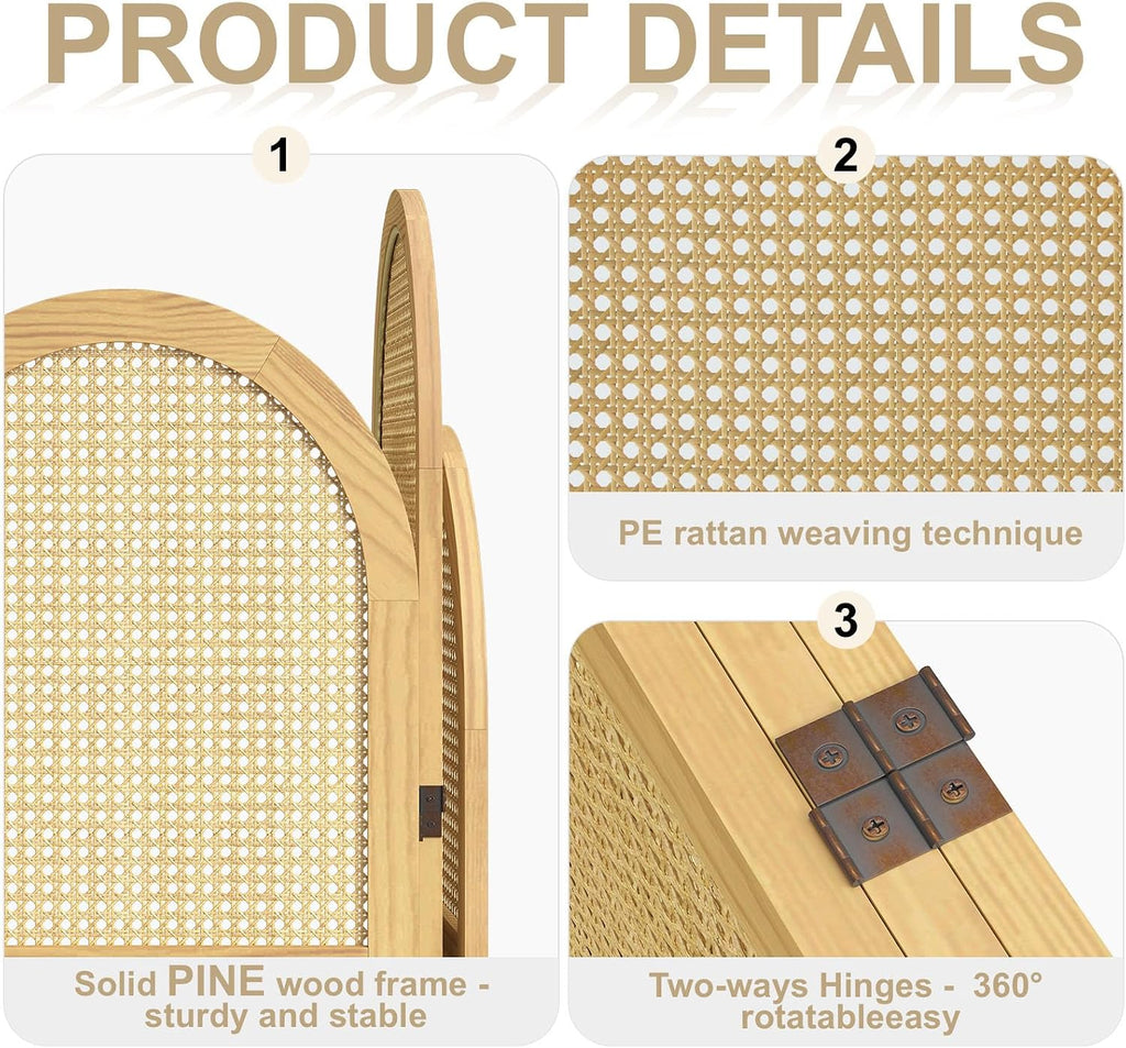 3-Panel Natural-Wave Rattan Room Divider