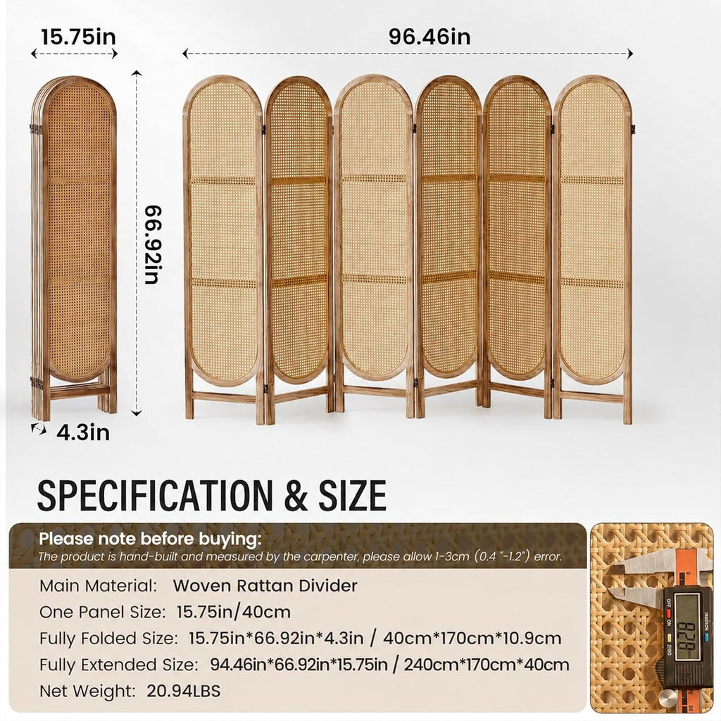 6 Panel Natural Arched Rattan Room Divider
