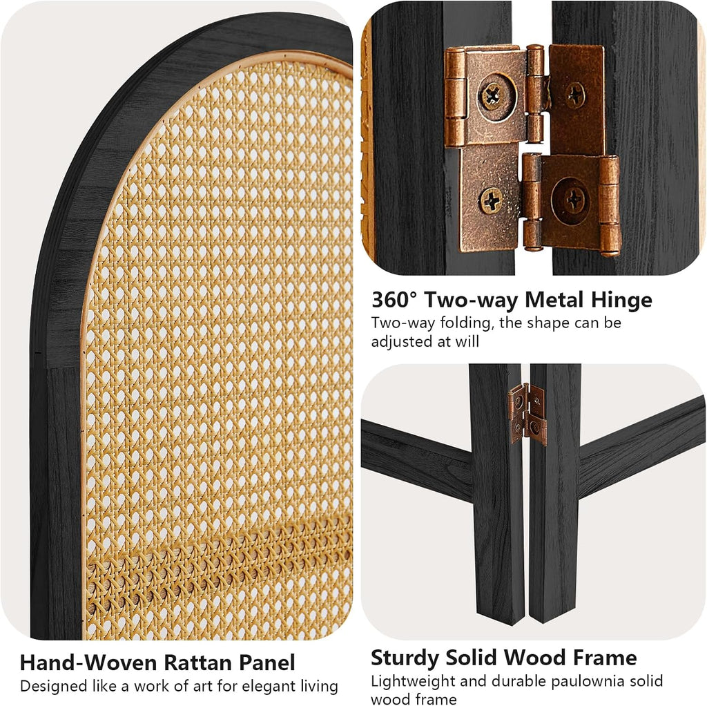 3 Panels Black Hand-Woven Rattan Room Divider